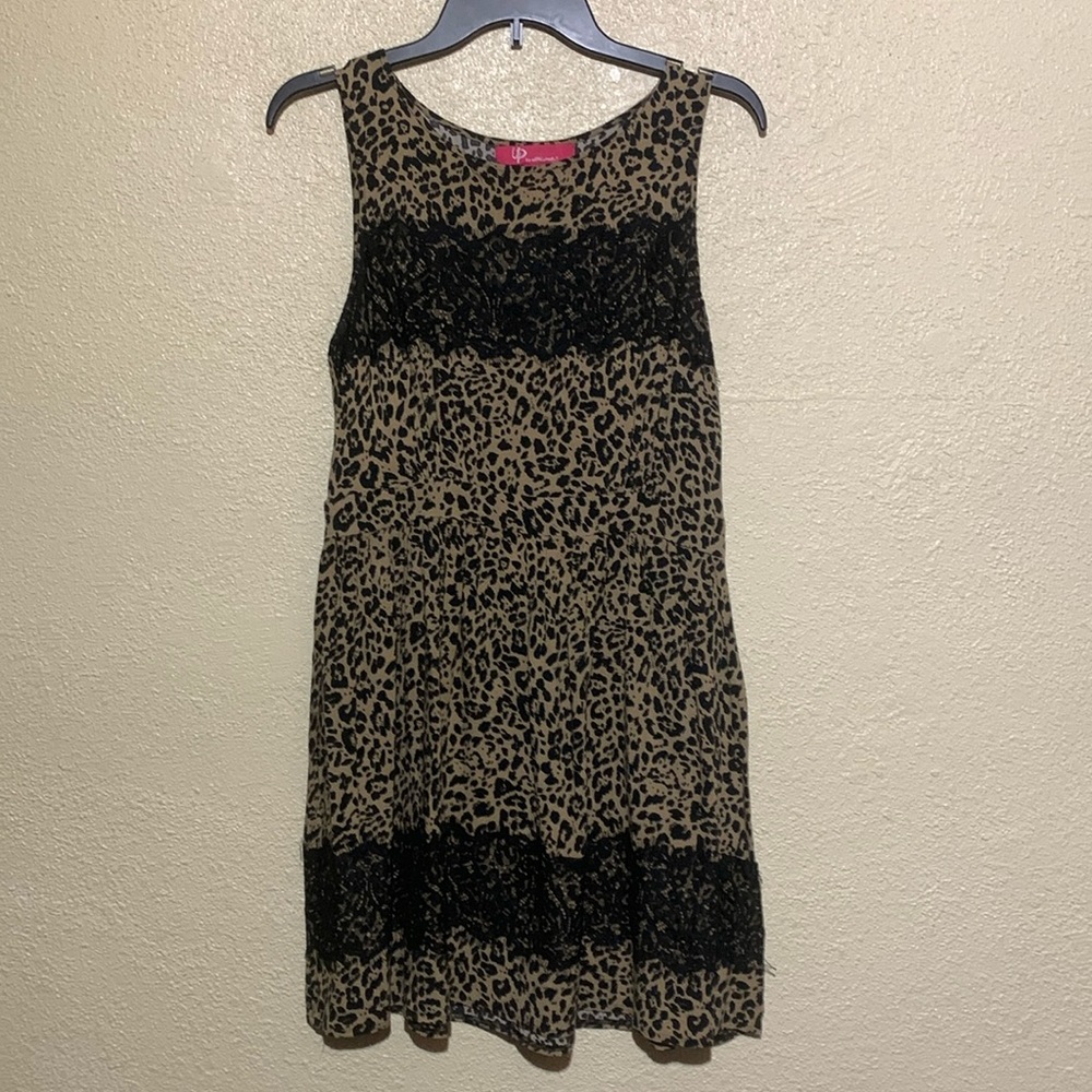Up by Ultra Pink Mini Dress L Black Brown Animal Print Sleeveless Lace Rayon